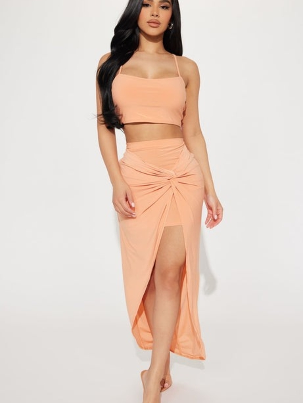 Knot-Front High-Low Maxi Skirt And Crop‎ Top in Peach